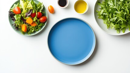 Fresh salad ingredients, empty plate, overhead shot, white background; recipe or food blog use