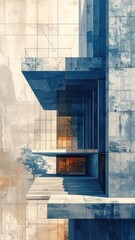 Abstract Modern Building Facade, Blue and Beige Tones