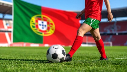 Portugal soccer player in red uniform with national flag, stadium crowd, and soccer ball on green field.