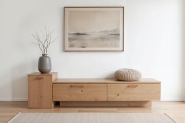 Minimalist living room with a wooden sideboard, decor, and framed wall art.