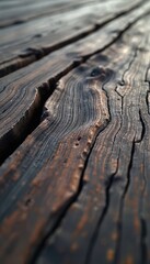 Obraz premium Closeup of old wood planks with rough organic grain texture. Dark timber surface shows natural patterns, cracks. Aged wooden floor background with rich natural hues. Earthy material provides vintage,
