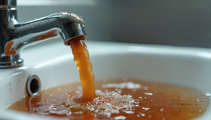 Dirty brown water flows from chrome faucet into white sink. Contaminated liquid indicates serious water quality issue, likely from old rusty pipes. Unfit for household use, public health concern.