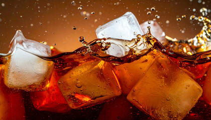 Ice cubes dropping into a glass of cola, creating a macro splash