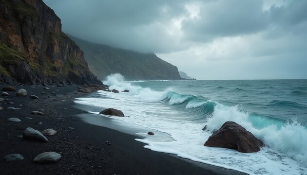 Waves crash against rocky shore on black sand beach. Cliffside with plants in background under cloudy sky. Ocean waves break on rocks near coastline. Stormy weather landscape with sea and mountains.