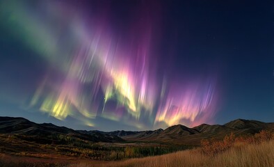 Majestic aurora borealis over a valley