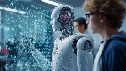 Humanoid robot writing formulas on clipboard in modern laboratory with scientist - Powered by Adobe