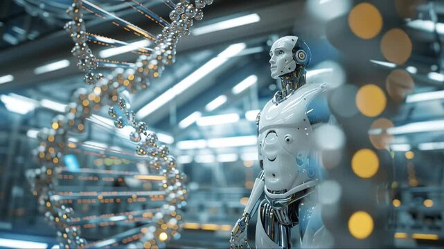 Futuristic humanoid robot examining glowing DNA strand with double helix. Concept of artificial intelligence, biotechnology and genetic engineering