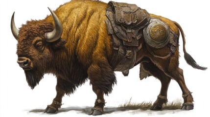 Mythical bison, fantasy creature, armor, illustrated.  Possible use fantasy art, game asset, or digital print