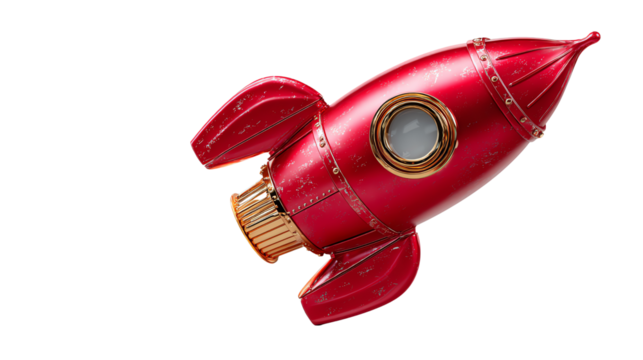 Red Rocket Ship in Takeoff: A vibrant, metallic rocket ship stands poised for launch, its polished surface gleaming with promise and adventure. A symbol of ambition and the journey of exploration.