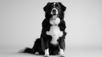 Dog sits, posed, monochrome studio portrait for pet product marketing use