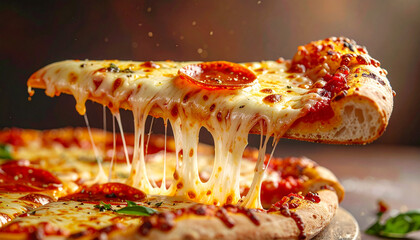 Pizza slice with gooey cheese stretch and visible tomato sauce, close-up