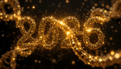 Golden 2026 new year with abstract circuit design on dark background