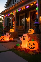 Halloween doorway decoration with balloons and pumpkins