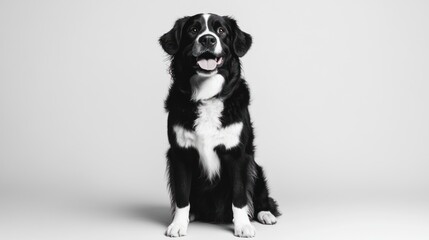 Seated black & white dog, open mouth, neutral background, for animal themed projects