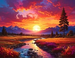 Vivid sunset over mountains, river and field, radiant colors