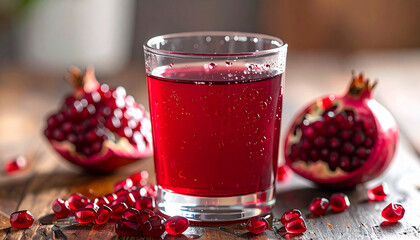 Pomegranate juice in small glass with droplets on rim