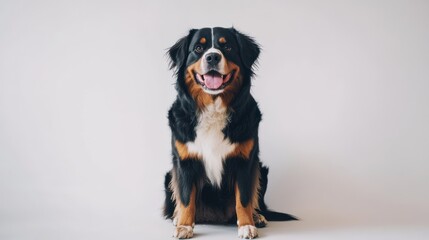 Bernese dog sits smiling, studio shot, white backdrop, suitable for pet product ads