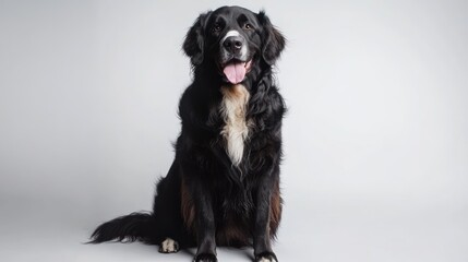 Black dog with tongue out, sits in studio, plain background. Use pet site, vet ad