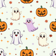 Seamless Halloween background illustration with pumpkin, ghosts and stars