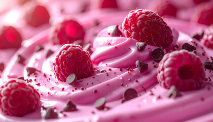 Raspberry yogurt with chocolate chips, extreme close-up