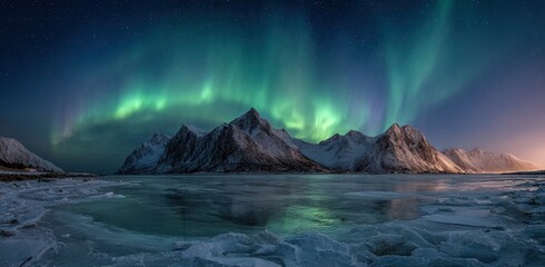 Aurora borealis over icy mountains