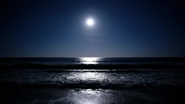 Moonlit ocean waves gently lap against an unseen shore, reflecting a soft, ethereal glow under a clear night sky deep depth of field, fantasy, shore