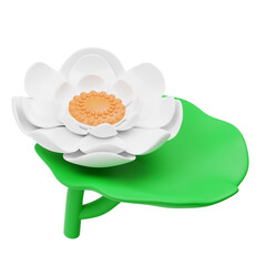 A stylized white lotus flower with a vibrant orange center and a green leaf against a transparent background symbolizing purity and tranquility in nature