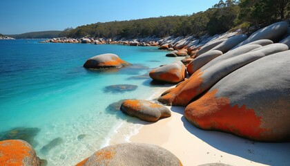 Orange lichen covers granite boulders on sandy beach. Clear turquoise water laps gently at shore beside unique coastal landscape. Rich green trees line distant hills under bright blue sky.