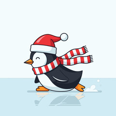 A cute cartoon penguin wearing a Santa hat and a red and white striped scarf happily slides across the ice.