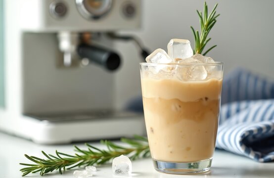 Iced latte with rosemary sprig, espresso maker behind. Beige drink includes ice cubes in glass. Refreshing summer beverage for cafe menu. Cool dairy cocktail. Home coffee brewing. Healthy breakfast.