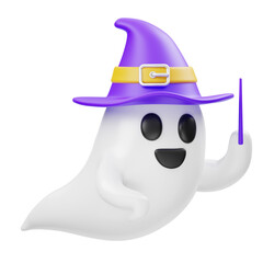 A Whimsical White Ghost Character Wearing a Purple Wizard Hat with a Yellow Band and Holding a Magic Wand in a Transparent Background