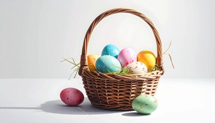 A charming wicker basket overflowing with vibrantly colored Easter eggs and delicate straw, set against a clean white background with soft shadows, evoking the spirit of the holiday