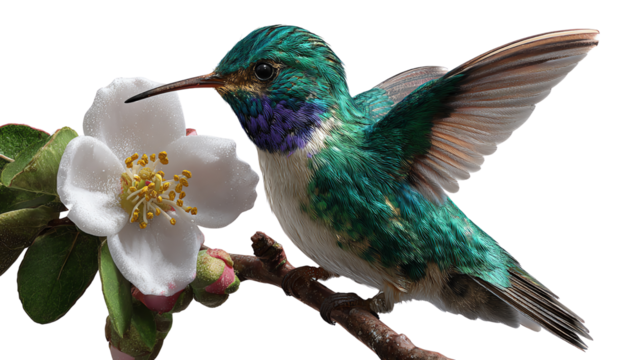 Hummingbird with Bloom: A vibrant hummingbird delicately perches upon a slender branch, its iridescent feathers gleaming in the light.