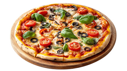 Delicious Pizza Topping Tomato Mozzarella Basil Olives Round Fresh Baked