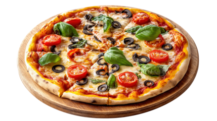 Delicious Pizza Topping Tomato Mozzarella Basil Olives Round Fresh Baked
