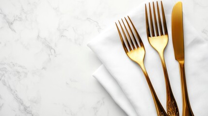 Elegant gold cutlery on white napkin, marble background; perfect for restaurant menus or food blogs