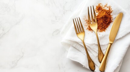 Gold cutlery, spice, napkin on marble; food blog, recipe