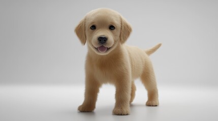 Golden pup standing indoors on a gray surface, studio backdrop, for advertising or pet care