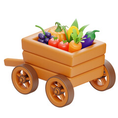 A Wooden Vegetable Cart Filled With Fresh Produce Including Pumpkins Corn Grapes Tomatoes Carrots And Eggplant With A Transparent Background