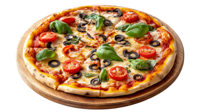 Delicious Pizza Topping Tomato Mozzarella Basil Olives Round Fresh Baked