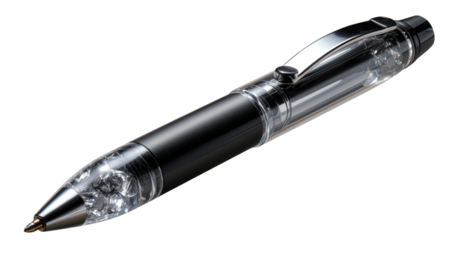 Exquisite Writing Tool: A close-up view of a sleek, modern pen, a symbol of precision, style, and effective communication. The pen's transparent body elegantly reveals its internal mechanics.