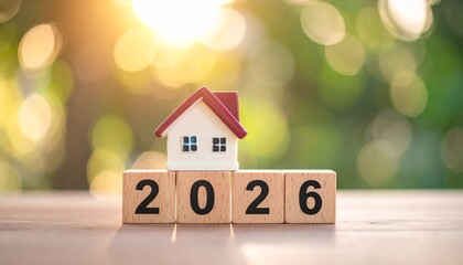 A small house model rests on wooden blocks spelling out 2026, symbolizing future home ownership and financial planning