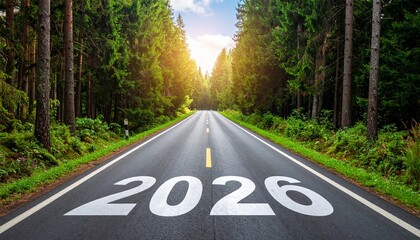 The year 2026 painted on an empty asphalt road leading through a sunlit forest, symbolizing a journey to the new year and future success