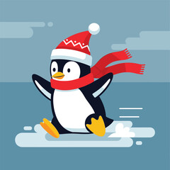 A cute cartoon penguin wearing a Santa hat and scarf, joyfully running on ice with motion lines.