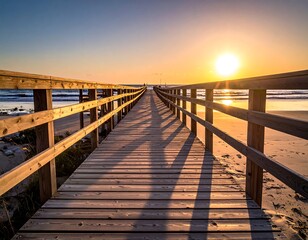Wooden walkway extends to the ocean with sunlight overhead