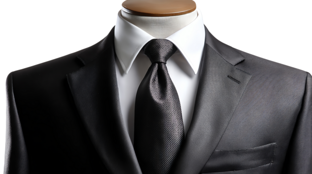 Elegant Attire: A close-up showcases a sophisticated suit, featuring a crisp white shirt, stylish tie, and a well-tailored suit jacket, embodying timeless style and professional elegance.