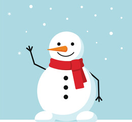 A cheerful snowman with a carrot nose, wearing a red scarf, and waving in a snowy scene.