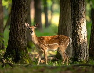 Young deer stands amidst tall trees, gazing directly at the viewer