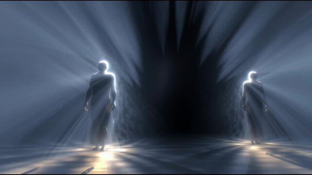 Illuminated Pathway: Two silhouetted figures move toward a radiant, ethereal light, their forms defined against a mysterious, dark backdrop.