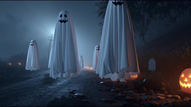 Mystical Gathering on Halloween Night: An eerie procession of spectral figures floats down a path, the air thick with mystery, lit by the glow of carved lanterns on a haunting autumn evening.